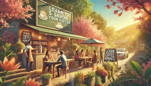 A vibrant springtime scene where people are enjoying coffee outdoors in a lush, blooming environment. The image focuses on a cozy outdoor café setting.webp