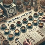 A detailed scene showing the process of cupping freshly bought coffee beans before brewing The image features a coffee cupping setup with several cuwebp