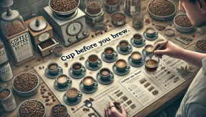 A detailed scene showing the process of cupping freshly bought coffee beans before brewing. The image features a coffee cupping setup, with several cu.webp