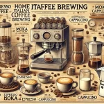 A detailed scene showing various methods of preparing Italian coffee at home The image includes different brewing techniques such as using an espresswebp