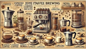 A detailed scene showing various methods of preparing Italian coffee at home. The image includes different brewing techniques such as using an espress.webp