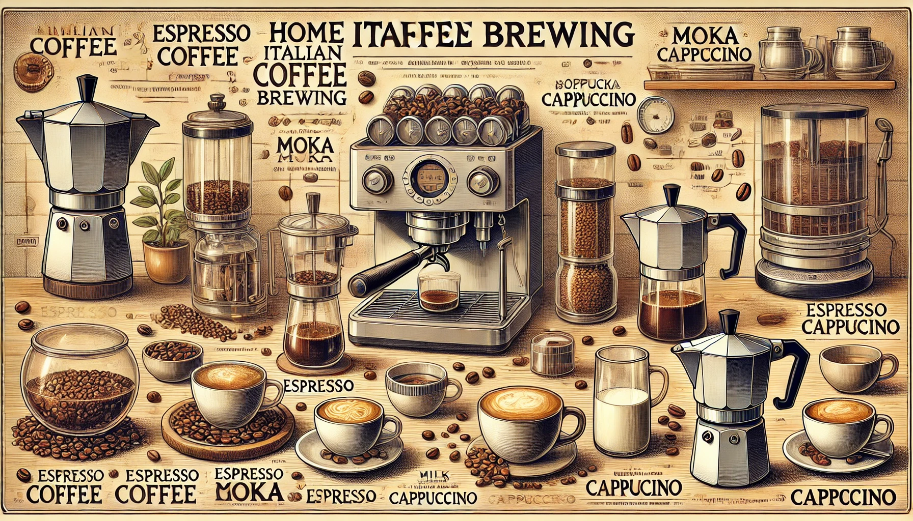 A detailed scene showing various methods of preparing Italian coffee at home The image includes different brewing techniques such as using an espresswebp