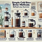 A simple and clear instructional scene showing a few easy methods to make cold brew coffee The image features a step by step guide including using awebp