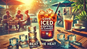 A vibrant and refreshing scene showing iced coffee being enjoyed on a hot summer day. The image captures a glass of iced coffee with condensation on t.webp