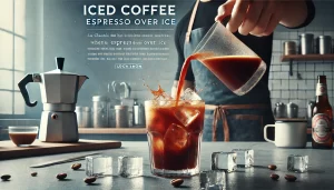 A simple yet engaging scene showing a classic iced coffee preparation where espresso is poured over ice. The image captures the moment when the hot es.webp