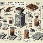 An instructional scene showing the steps to brew a fail proof iced coffee The image features the essential elements like coffee beans a grinder a swebp