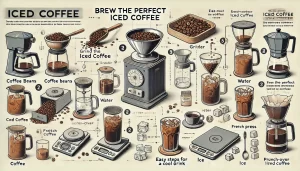 An instructional scene showing the steps to brew a fail-proof iced coffee. The image features the essential elements like coffee beans, a grinder, a s.webp