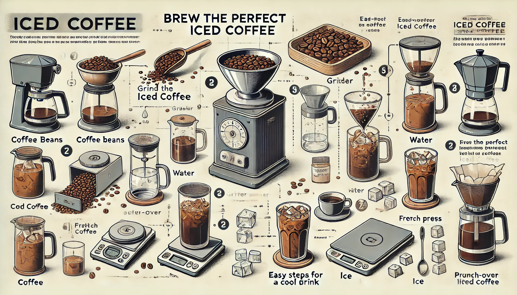 An instructional scene showing the steps to brew a fail proof iced coffee The image features the essential elements like coffee beans a grinder a swebp