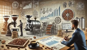 A detailed scene showcasing coffee roasting techniques research. The image features a coffee lab or roasting facility with various roasting machines, .webp