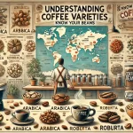 An educational scene illustrating knowledge about different coffee bean varieties The image features various coffee beans from different regions eacwebp