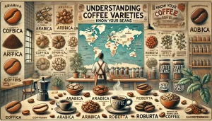 An educational scene illustrating knowledge about different coffee bean varieties. The image features various coffee beans from different regions, eac.webp