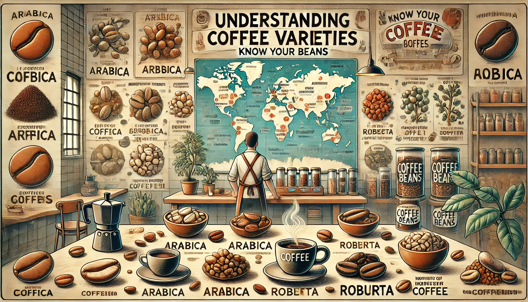 An educational scene illustrating knowledge about different coffee bean varieties The image features various coffee beans from different regions eacwebp