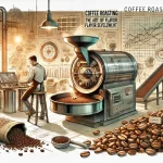 A detailed scene showing the process of coffee roasting The image features a roaster in action with coffee beans turning from green to brown as theywebp