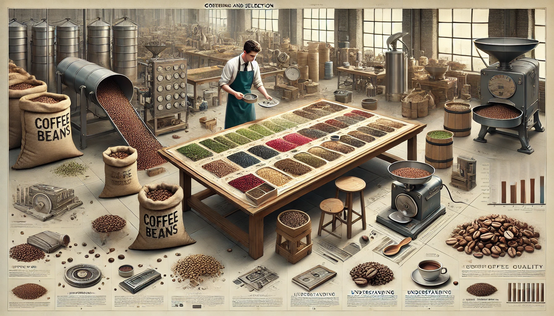 An educational scene showing the process of grading and selecting coffee beans The image features various coffee beans sorted by size color and quawebp