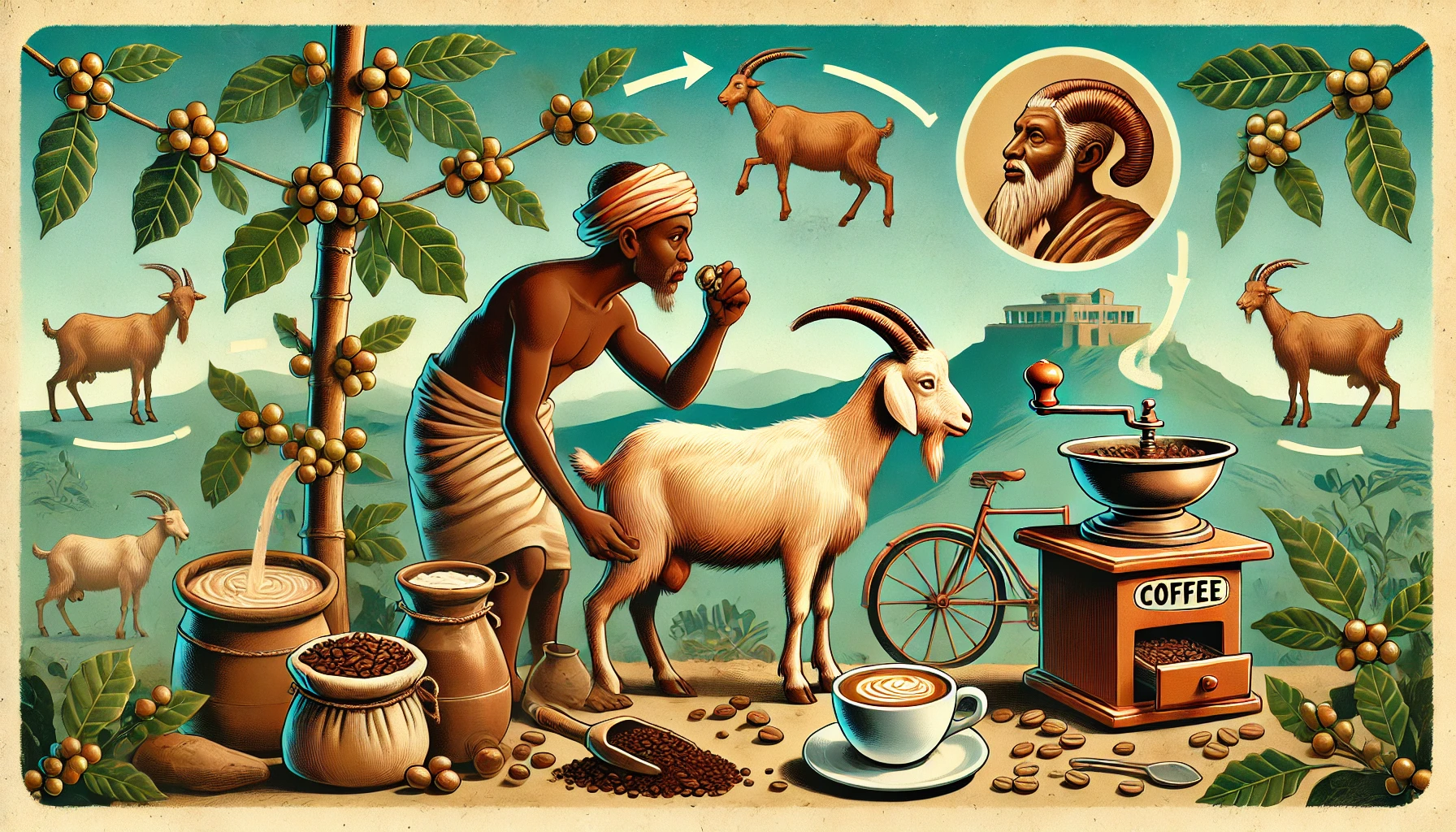 An illustration titled The Origins of Coffee showing the legendary discovery of coffee by the Ethiopian goat herder Kaldi The image should depict Kwebp