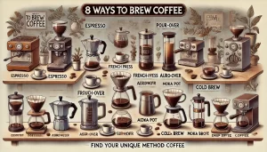 An illustrative scene showing eight different coffee brewing methods, each representing a unique way to enjoy coffee. The image includes methods such .webp