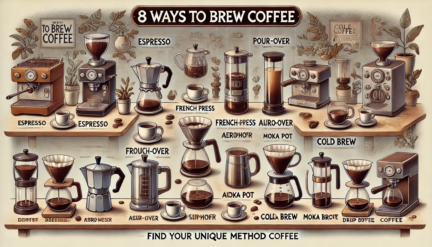 An illustrative scene showing eight different coffee brewing methods each representing a unique way to enjoy coffee The image includes methods such webp