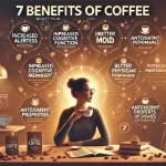 An informative scene illustrating the seven benefits of drinking coffee focusing on how it can boost energy and intelligence The image shows a persowebp