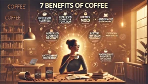 An informative scene illustrating the seven benefits of drinking coffee, focusing on how it can boost energy and intelligence. The image shows a perso.webp