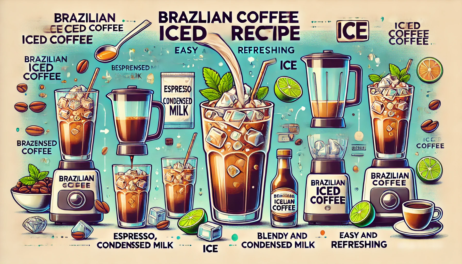 A vibrant scene showing the steps to make Brazilian iced coffee The image features the ingredients and tools needed such as espresso