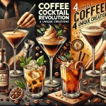 A stylish and vibrant scene showcasing four different coffee cocktails each with its unique ingredients and presentation The image features a modernwebp