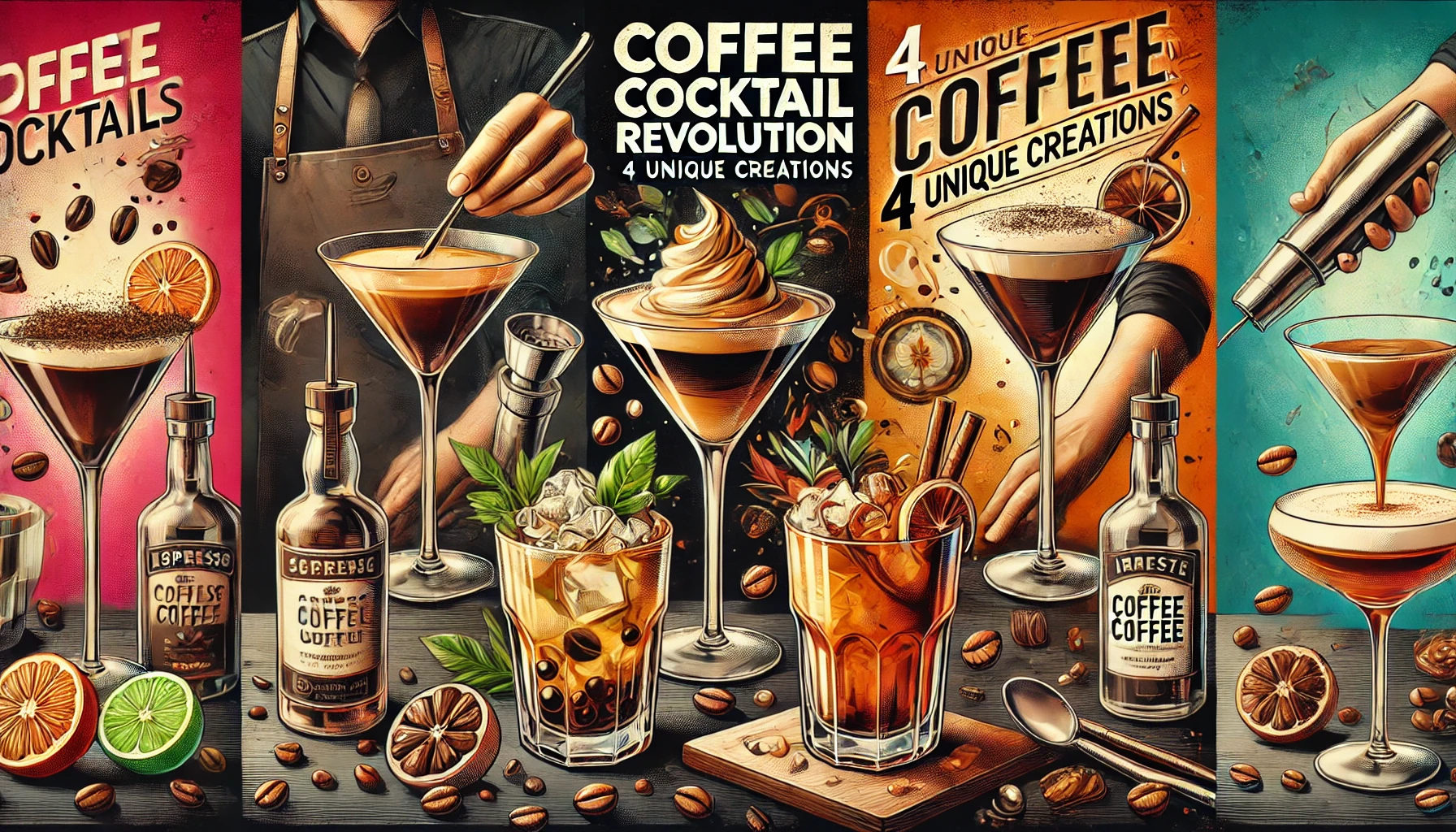 A stylish and vibrant scene showcasing four different coffee cocktails each with its unique ingredients and presentation The image features a modernwebp