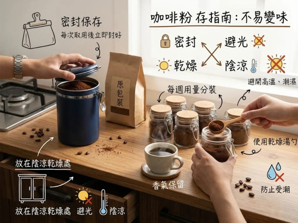 How long can coffee powder be stored 4 咖啡知識家 咖啡粉常溫保存與冷凍保存方式比較示意圖