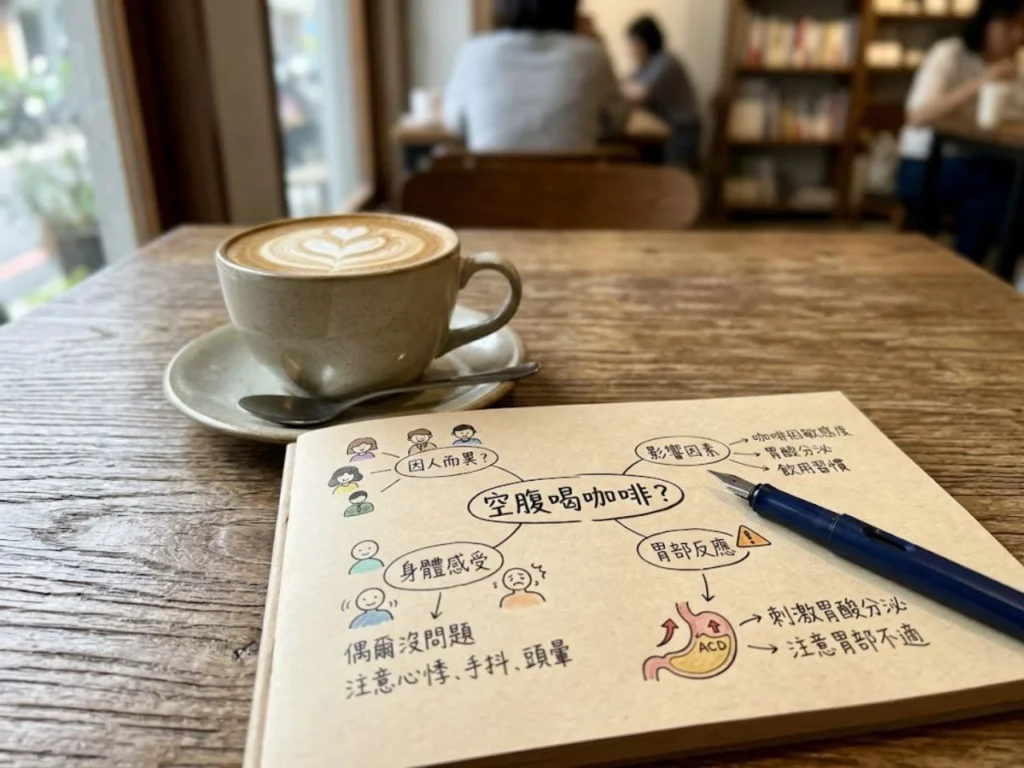 這張圖以筆記方式整理空腹喝咖啡的判斷重點，包含個人體質、身體感受、胃部反應與咖啡因敏感度。