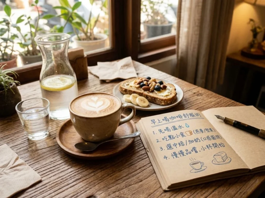 這張圖整理早上喝咖啡比較舒服的做法，包括先喝溫水、先吃一點食物、選擇中焙咖啡、避免一開始就喝太濃或太大杯。