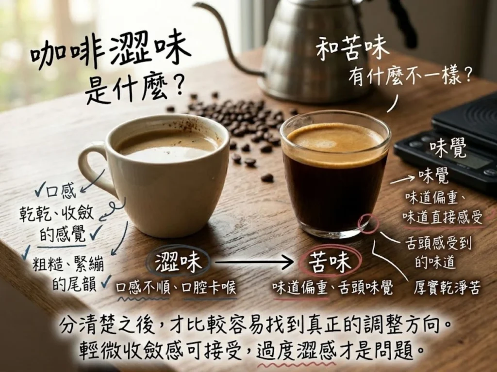 這張圖說明咖啡澀味與苦味的差異。苦味主要是味覺感受,而澀味更接近口腔乾澀、粗糙、收斂的觸感。
