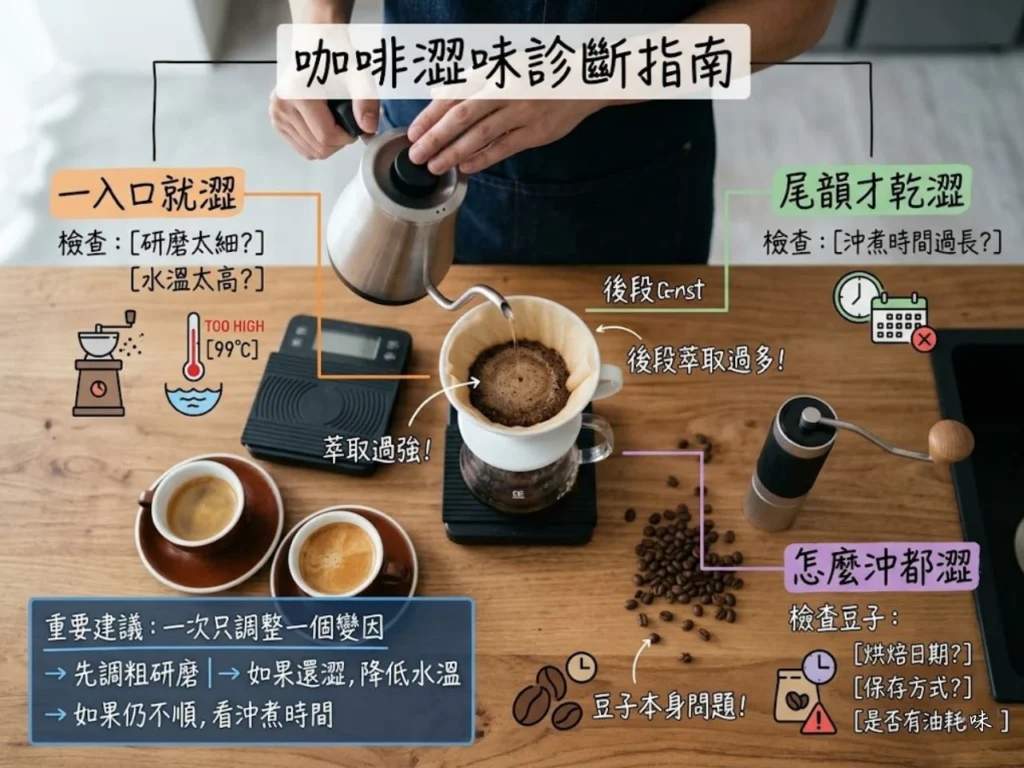 這張圖整理咖啡澀味的常見判斷方向,包含一入口就澀、尾韻乾澀,以及怎麼沖都澀時應檢查的原因。
