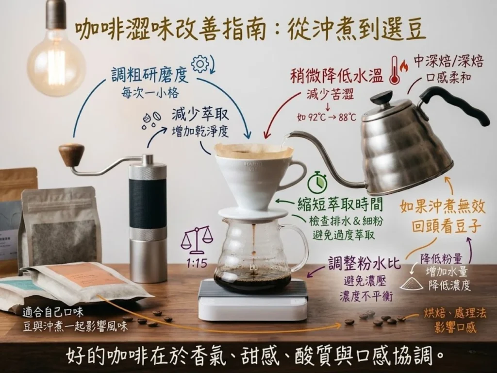 這張圖整理咖啡澀味的改善方向,包含研磨度、水溫、萃取時間、粉水比與咖啡豆選擇。