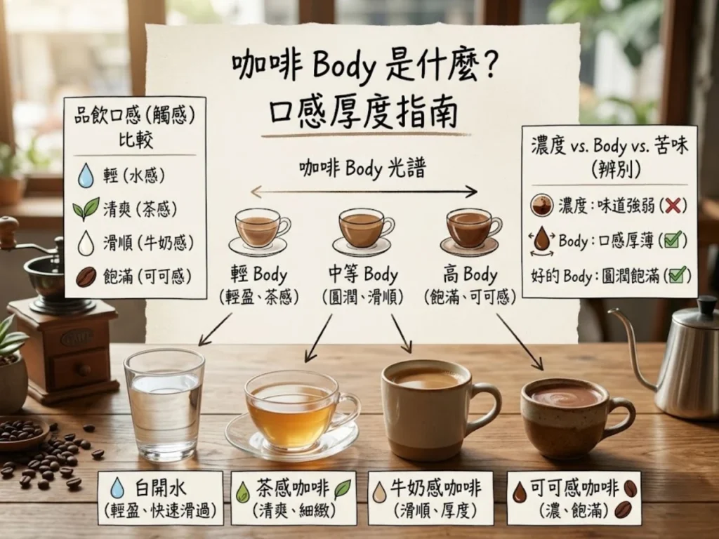 這張圖整理不同咖啡 Body 的口感差異，包含清爽茶感、平衡順口與厚實飽滿三種常見表現