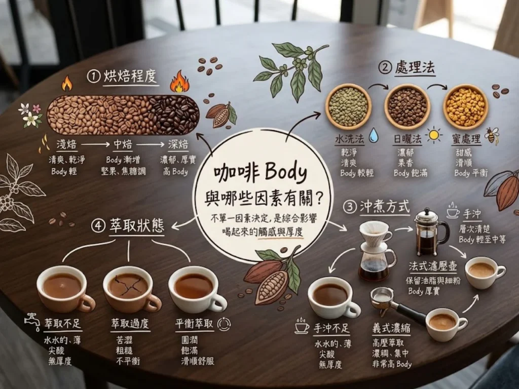 這張圖用左右對比方式說明咖啡 Body 和濃度的差異，幫助讀者理解咖啡可以很濃但不一定厚實，也可以風味細緻但口感圓潤。