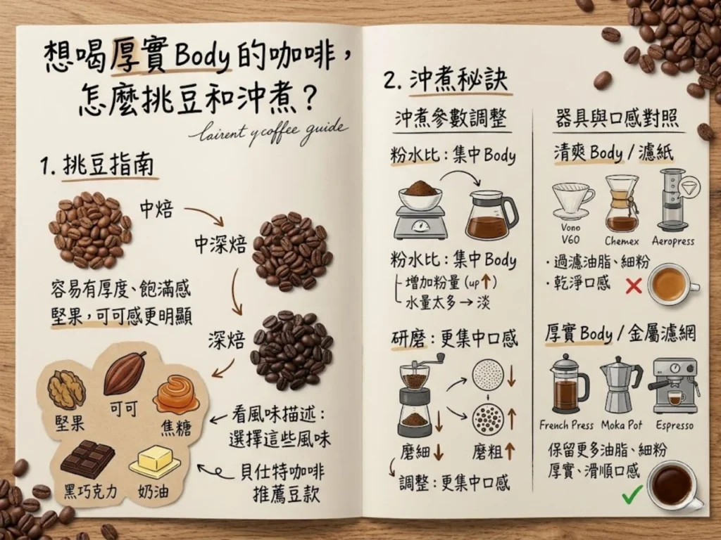 這張圖是咖啡選豆與沖煮教學圖，說明如何透過烘焙度、風味描述、粉水比、研磨度與沖煮器具，讓咖啡口感更飽滿。