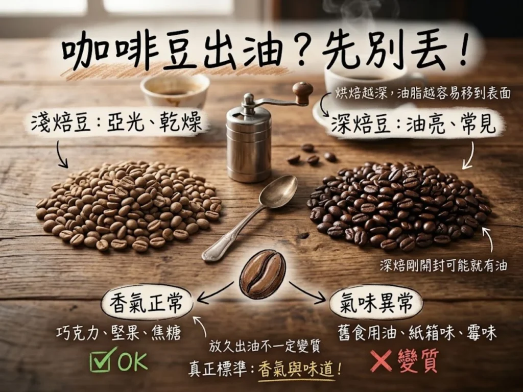  這張圖比較淺焙與深焙咖啡豆的表面差異。淺焙豆通常較乾燥，深焙豆則較容易出現油光；真正需要注意的是是否伴隨油耗味、霉味、紙箱味或其他異常氣味。
