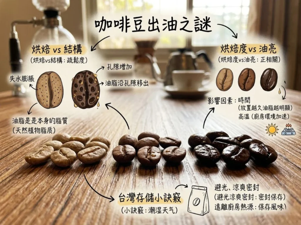 這張圖說明咖啡豆出油與烘焙程度、豆體孔隙、存放時間及高溫環境之間的關係。深焙咖啡豆通常比淺焙豆更容易出油，台灣潮濕炎熱的環境也會讓保存更需要注意。