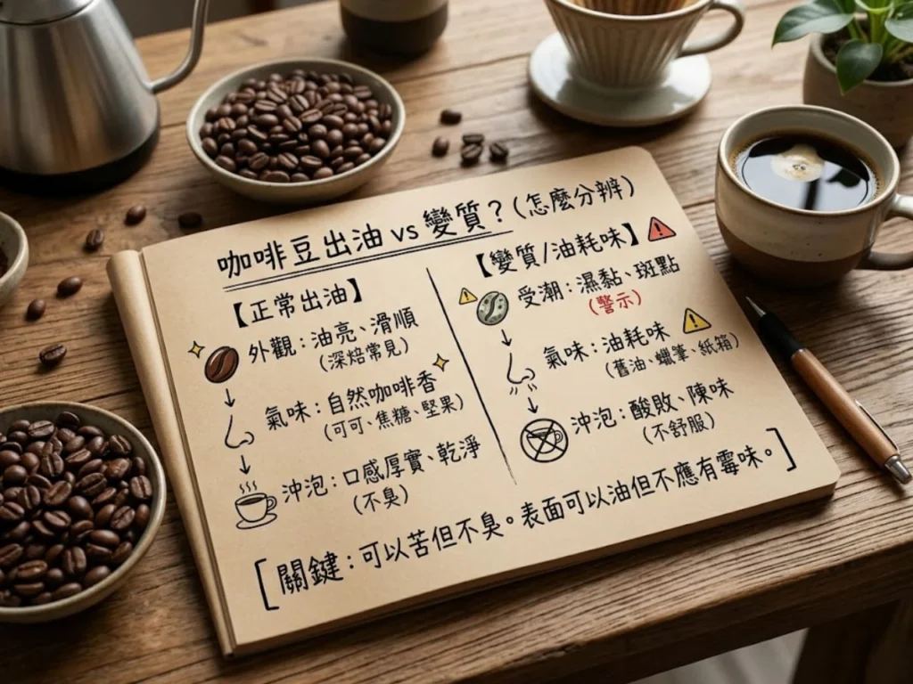 這張圖整理正常出油與異常變質的差異。正常出油的深焙豆表面油亮、香氣自然，沖泡後仍有可可、焦糖或堅果風味；變質咖啡豆則可能出現濕黏、異常斑點、舊油味、紙箱味或霉味。