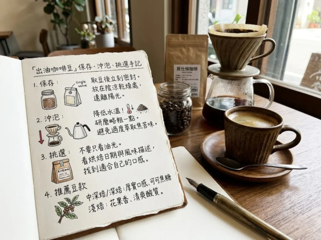 這張圖整理出油咖啡豆的保存、沖泡與挑選重點，包括取豆後立即密封、遠離陽光與熱源、沖泡時降低水溫並略調粗研磨，以及依烘焙度和風味描述選擇適合自己的咖啡豆