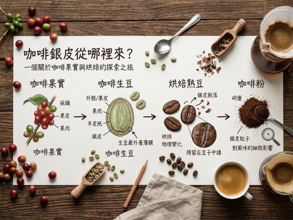 畫面用簡單圖示呈現咖啡果實、咖啡生豆、烘焙熟豆與咖啡粉的流程,標示銀皮是生豆外層薄膜,烘焙後可能脫落或殘留在豆子中線。
