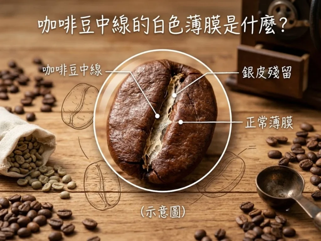 畫面以近拍咖啡豆為主,放大呈現咖啡豆中線裡的淺色銀皮,旁邊搭配簡單標示線指出「咖啡豆中線」「銀皮殘留」「正常薄膜」。