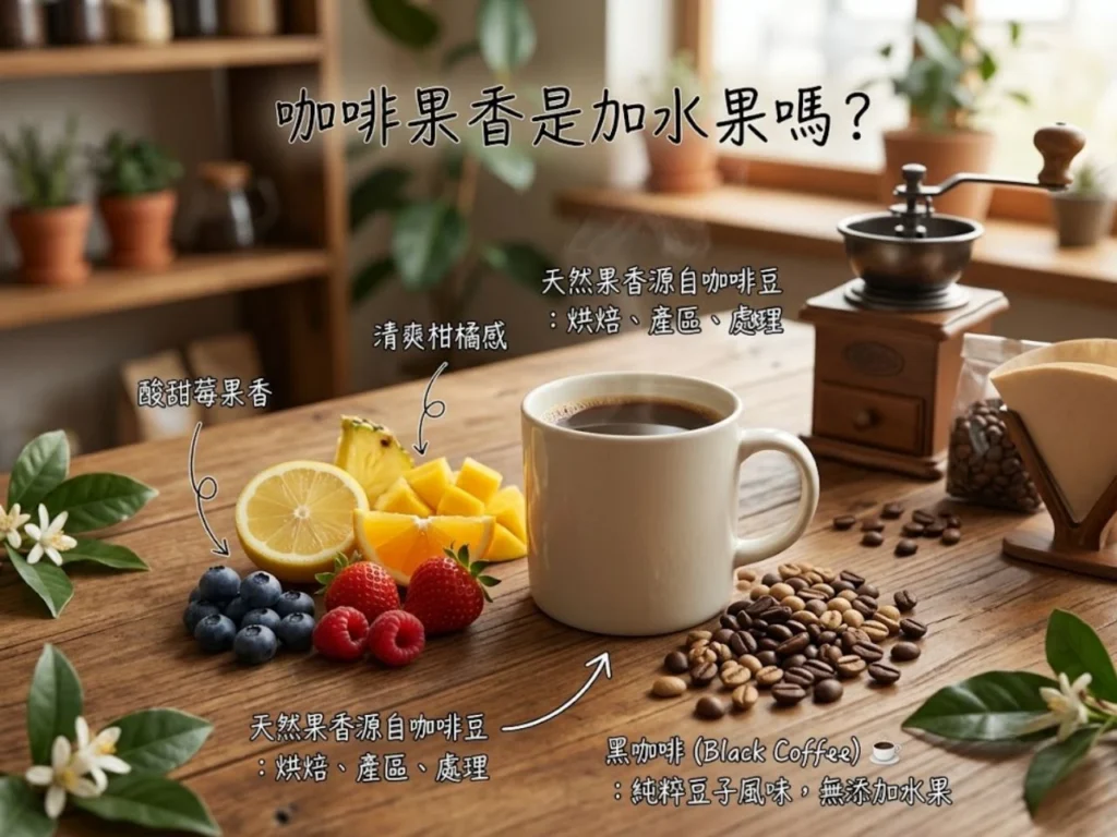 畫面中有一杯黑咖啡、咖啡豆,旁邊以自然方式擺放莓果、柑橘片、芒果或鳳梨等水果意象,背景為溫暖木質桌面