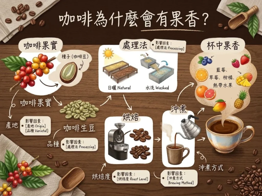 」畫面用簡單流程呈現咖啡果實、咖啡生豆、處理法、烘焙、沖煮到杯中果香的過程。旁邊標示產地、品種、處理法、烘焙度、沖煮方式會影響果香。