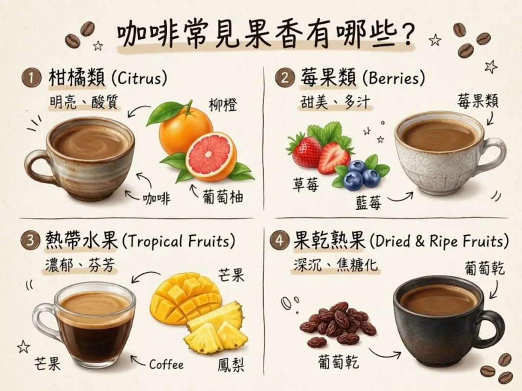 咖啡風味資訊圖,畫面分成四區:柑橘類、莓果類、熱帶水果、果乾熟果。每區搭配一杯咖啡與代表水果圖示,柳橙、葡萄柚、草莓、藍莓、芒果、鳳梨、葡萄乾。