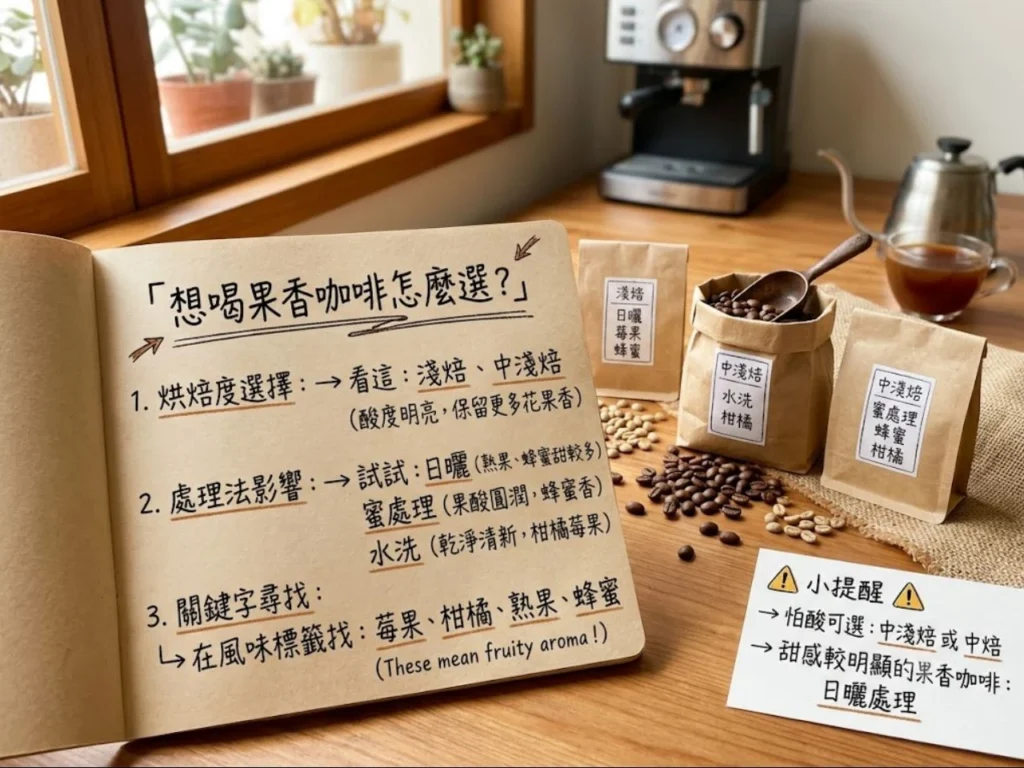畫面包含咖啡豆包裝、風味標籤與選豆筆記,標示淺焙、中淺焙、日曬、水洗、蜜處理、莓果、柑橘、熟果、蜂蜜等關鍵字。