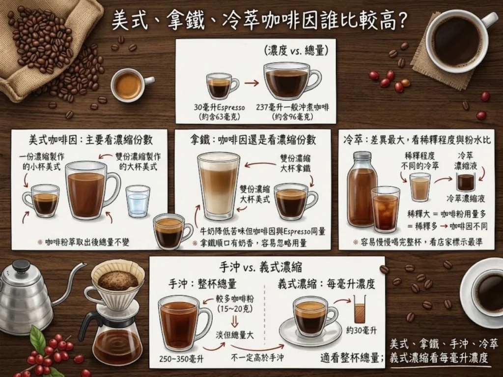 咖啡因含量 咖啡因 美式咖啡咖啡因 拿鐵咖啡因 冷萃咖啡因 咖啡因多少 咖啡因攝取量 一天咖啡因 淺焙深焙咖啡因 低咖啡因咖啡