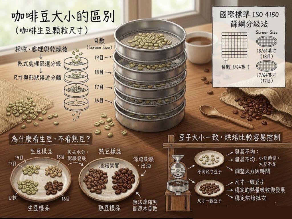 咖啡豆大小 咖啡豆越大越好嗎 咖啡豆目數 咖啡豆分級 咖啡生豆分級 肯亞AA 衣索比亞G1 哥倫比亞Supremo 咖啡豆篩網 17/18目咖啡豆