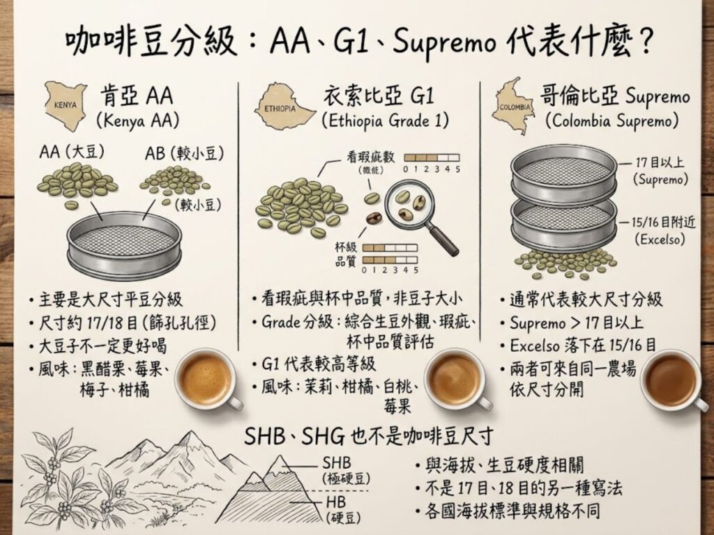 咖啡豆大小 咖啡豆越大越好嗎 咖啡豆目數 咖啡豆分級 咖啡生豆分級 肯亞AA 衣索比亞G1 哥倫比亞Supremo 咖啡豆篩網 17/18目咖啡豆