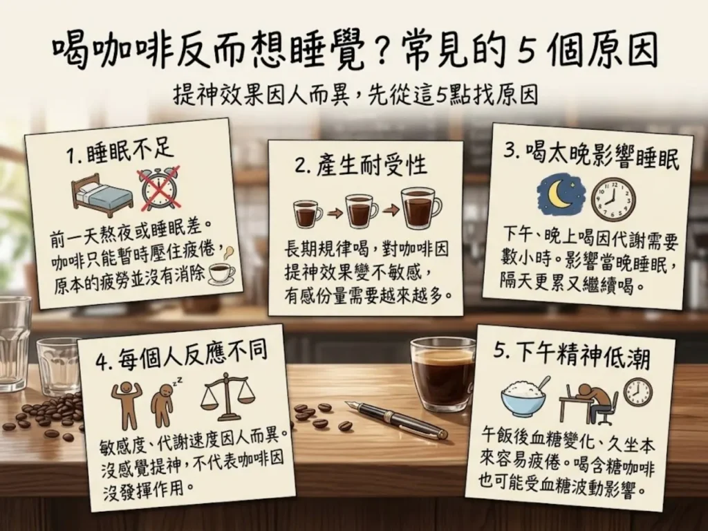 喝咖啡反而想睡覺 咖啡不提神 喝咖啡想睡覺 喝咖啡越喝越累 咖啡因耐受性 喝咖啡沒感覺 咖啡喝了沒用 咖啡因多久有效 喝咖啡還是想睡 喝咖啡提神